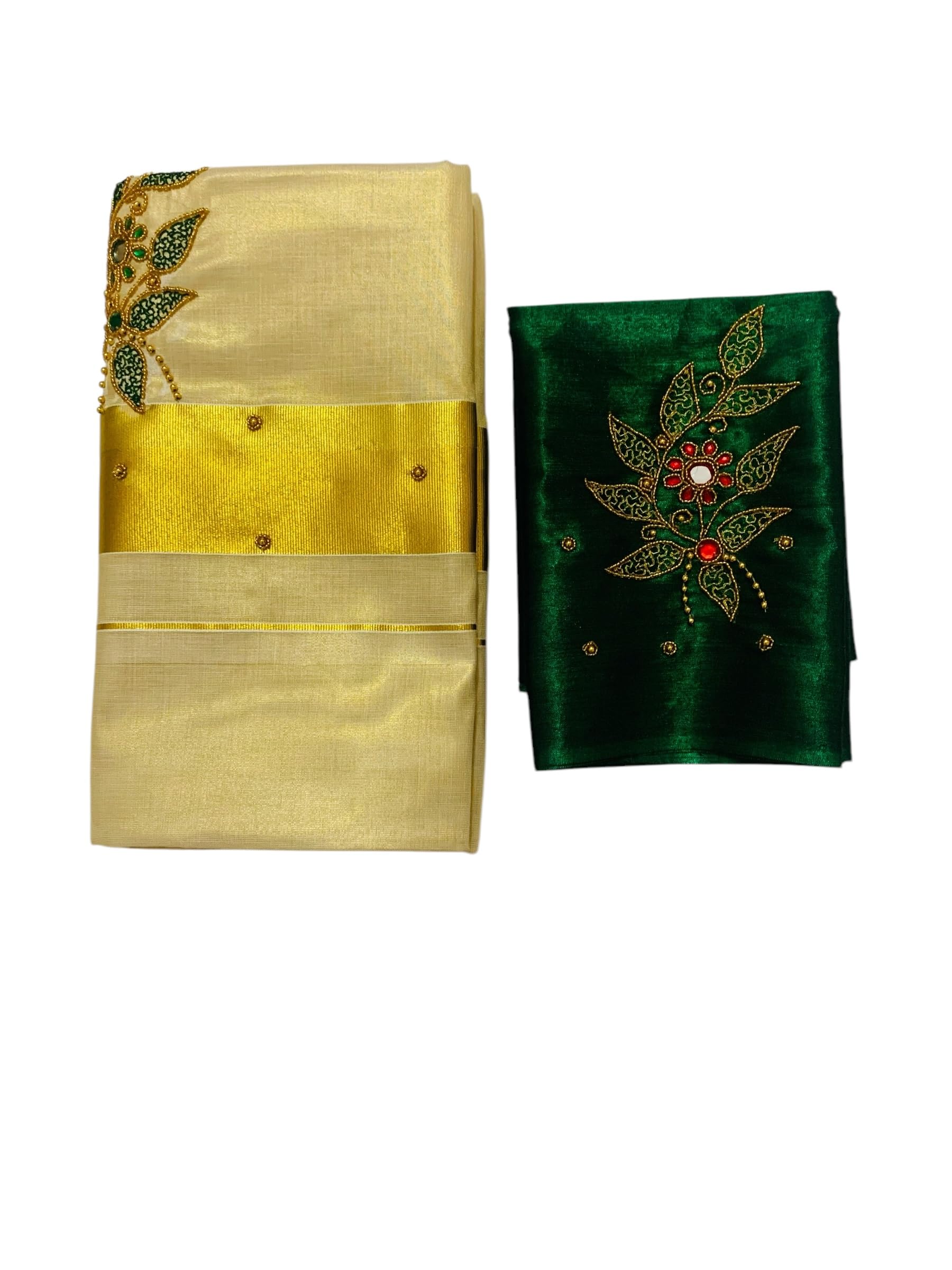 Kuthampully Kerala Kasavu Sarees For Women | Handcrafted Aari work Kerala Sarees | Tissue Onam Saree With Running Blouse | South Indian Sarees | Onam Saree EKM-861 (Dark Green)