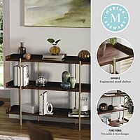 Martha Stewart Emmett 3 Shelf Storage Display Unit Bookcase with Metal, Set of 1, Walnut Wood Grain/Polished Brass Frame