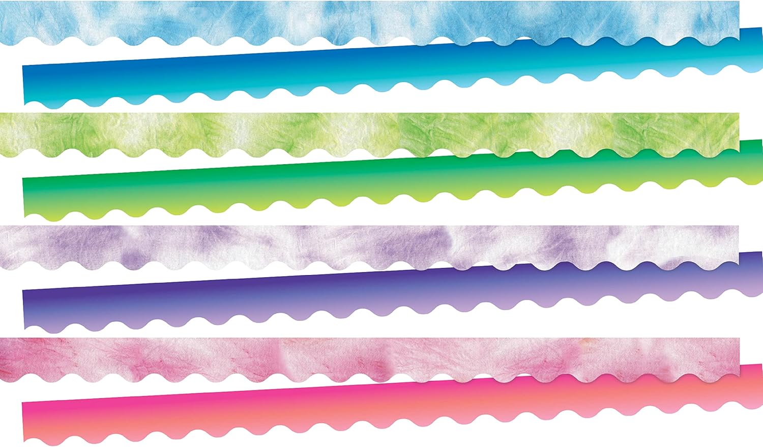 BARKER CREEK Double-Sided Scalloped Border Set of 4, Tie-Dye and Ombré, Multi-Design, 39' Each of 4 Designs, Blue, Lime