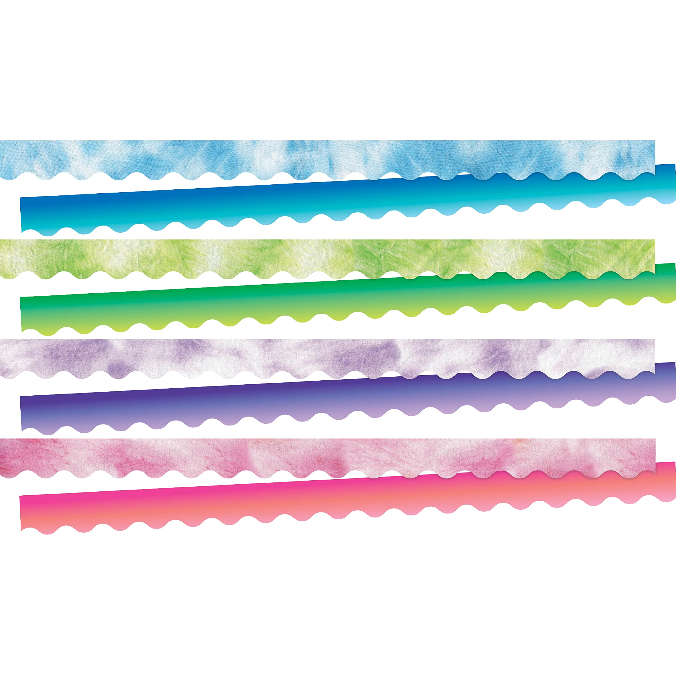 BARKER CREEK Double-Sided Scalloped Border Set of 4, Tie-Dye and Ombré, Multi-Design, 39' Each of 4 Designs, Blue, Lime