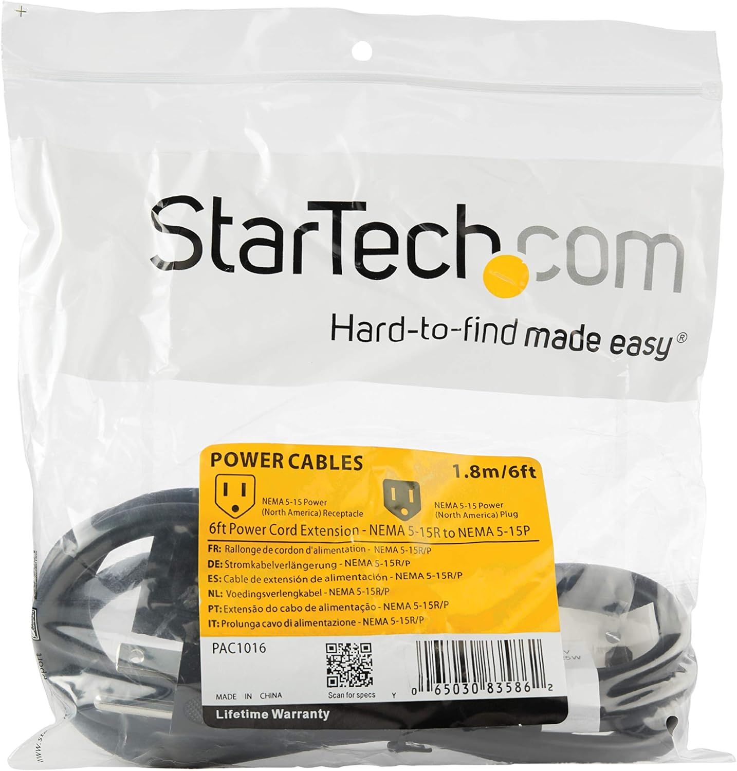 StarTech.com Power Extension Cord NEMA 5-15R to NEMA 5-15P