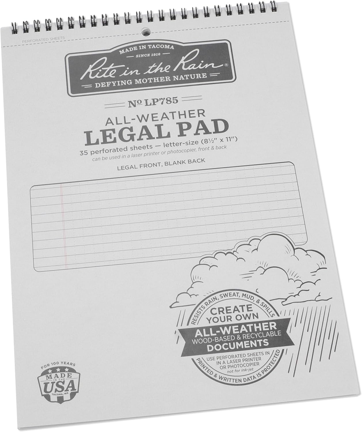 Rite in the Rain Weatherproof Legal Pad, 8.5" x 11", Gray Cover, Legal Pattern (No. LP785) 1 Pack