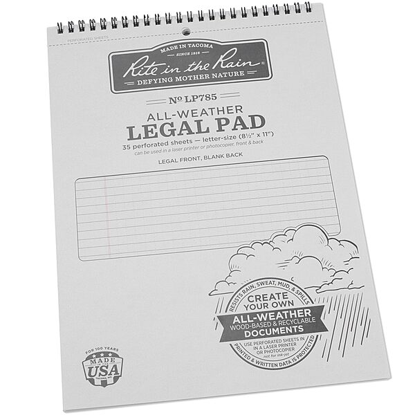 Rite in the Rain Weatherproof Legal Pad, 8.5" x 11", Gray Cover, Legal Pattern (No. LP785) 1 Pack
