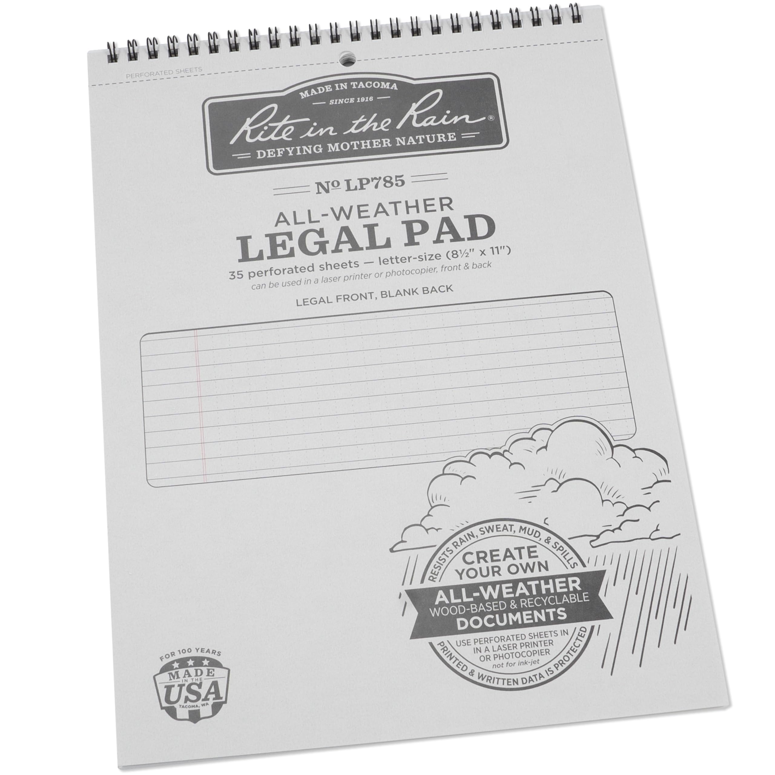 Rite in the Rain Weatherproof Legal Pad, 8.5" x 11", Gray Cover, Legal Pattern (No. LP785) 1 Pack