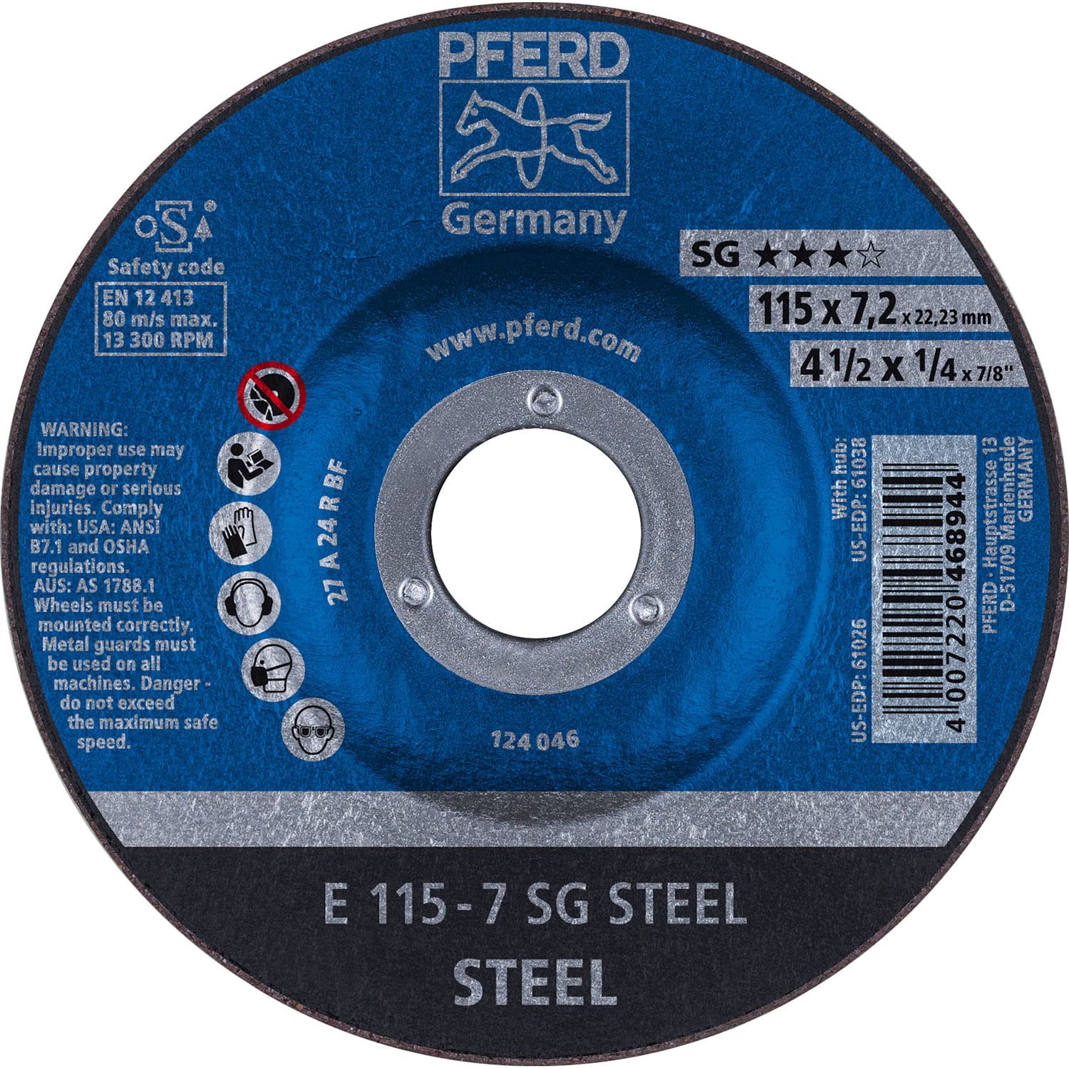 PFERD 4-1/2'' X 1/4'' Grinding Wheel 7/8'' AH (61026) (10/Each)
