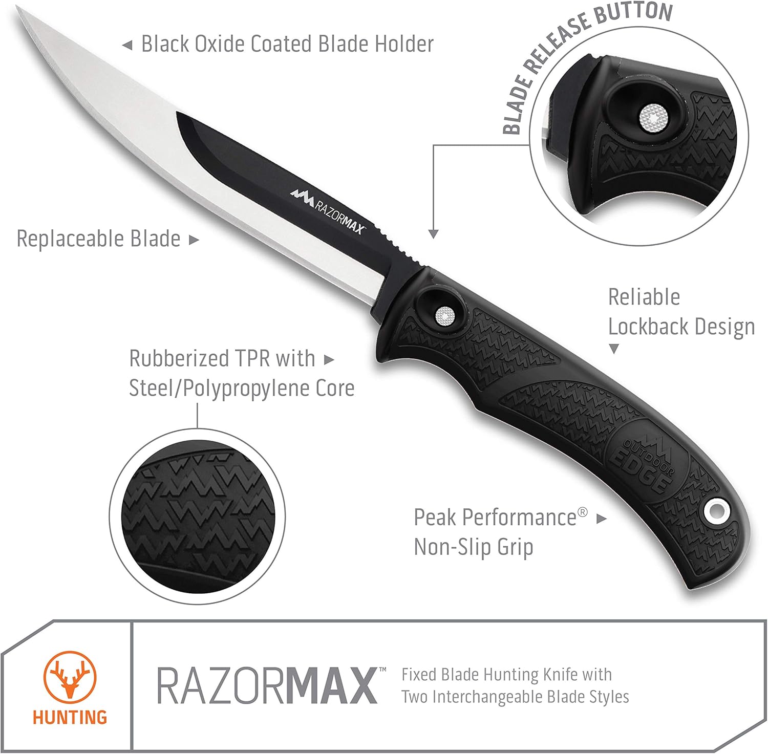 OUTDOOR EDGE RazorMax Replaceable Fixed Blade Hunting Knife with Drop-Point & Boning/Fillet Blades
