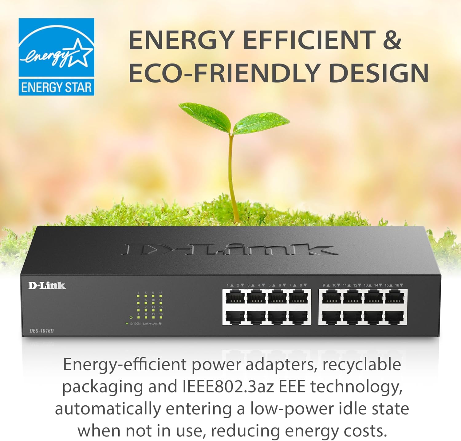 D-Link 16 Port Fast Ethernet Switch Unmanaged 10/100 Mbps Desktop Rackmount Plug and Play Metal Housing Fanless Design EEE