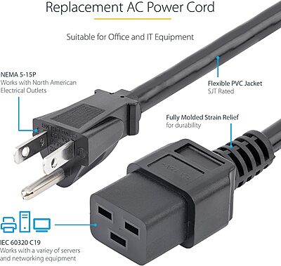 StarTech.com PXT515C19146 6 ft Heavy Duty 14 AWG Computer Power Cord - NEMA 5-15P to C19 - 14 AWG Power Cable - NEMA 5-15P to IEC 320 C19 Power Cord 6 ft 14 AWG