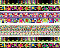 Barker Creek Double-Sided Trim Set of 4, Just Groovy, Mixed-Design, 140 feet of Double-Sided Trim - 35' Each of Four Designs, Neon Stripes, Tie-Dye, Neon Flowers, and Retro (3532)