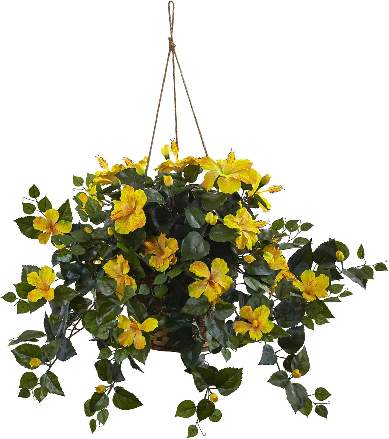 Nearly Natural Hibiscus 22inH Artificial Plant With Hanging Basket, 22inH x 28inW x 24inD, Yellow