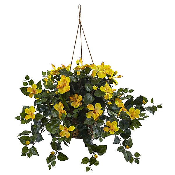 Nearly Natural Hibiscus 22inH Artificial Plant With Hanging Basket, 22inH x 28inW x 24inD, Yellow