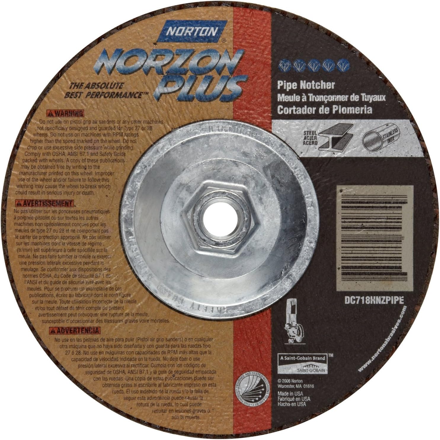 Type 27 NorZon Plus Depressed Center Grinding Wheels - k2146475 9"x1/8"x5/8-11nz 4 pipe notcher typ