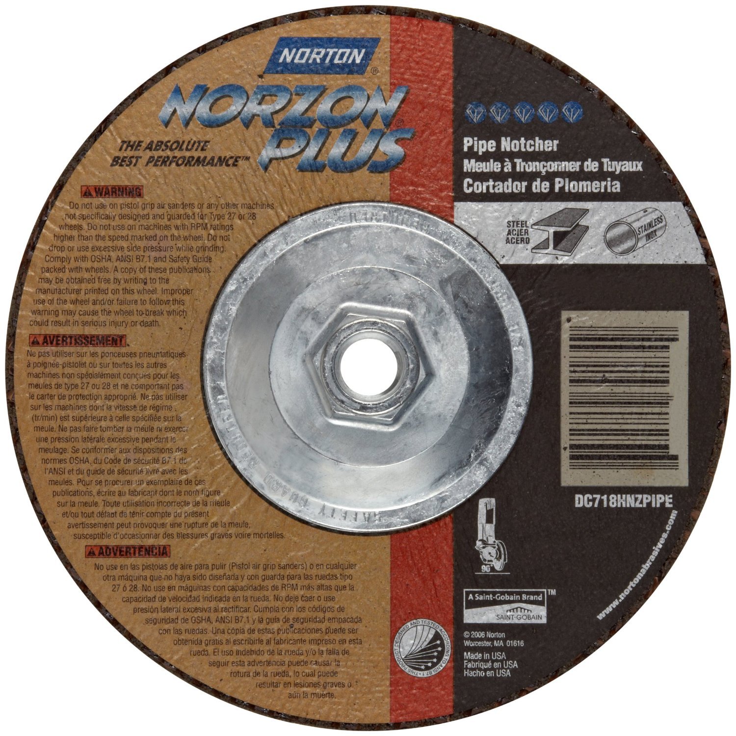 Type 27 NorZon Plus Depressed Center Grinding Wheels - k2146475 9"x1/8"x5/8-11nz 4 pipe notcher typ