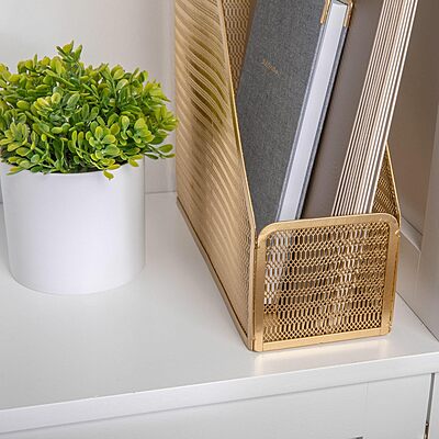 Martha Stewart Ryder Mesh Metal Single-Slot Magazine File Holder Desktop Organizer, 11-1/2inH x 3-3/4inW x 9-3/4inD, Gold