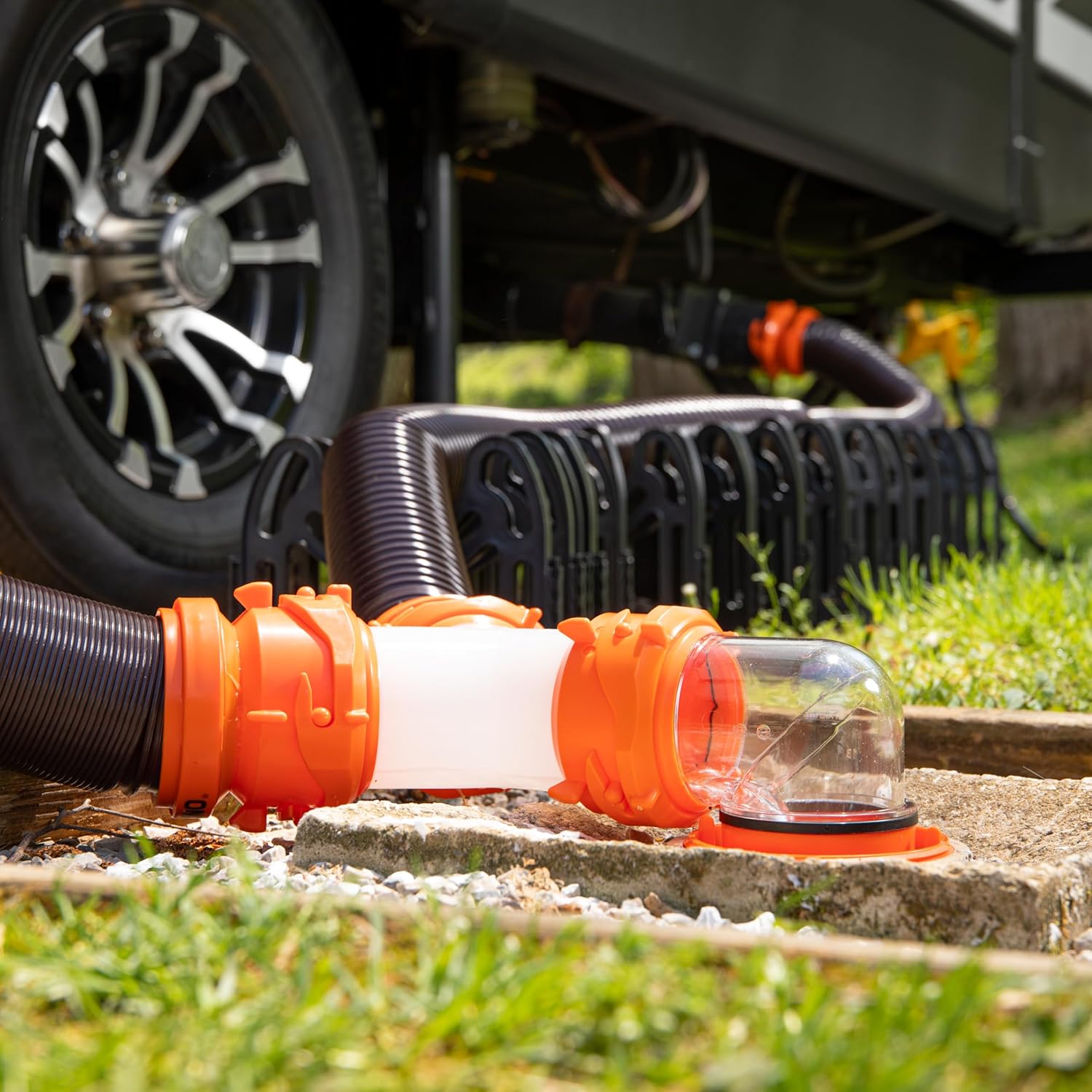 Camco 39736, RhinoFlex Clear RV Sewer Hose Elbow with 4-in-1 Adapter | Features a 360-Degree Fitting Rotation and Built-in