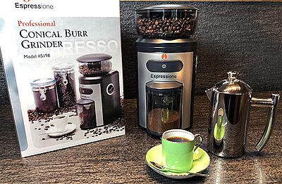 Espressione Professional Conical Burr Coffee Grinder, 8.5-Oz Hopper, 15-Level, Black/Silver