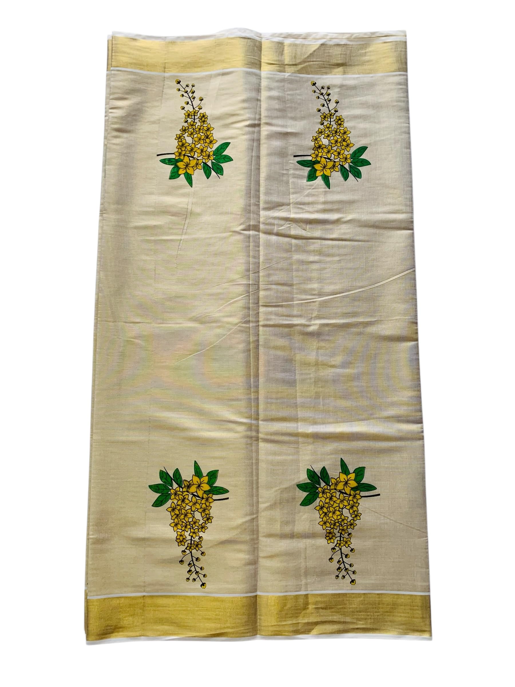 Women's Kuthampully Kerala Kasavu Saree with Running Blouse Golden Tissue Mural Painted Vishu Kanikonna EKM-461