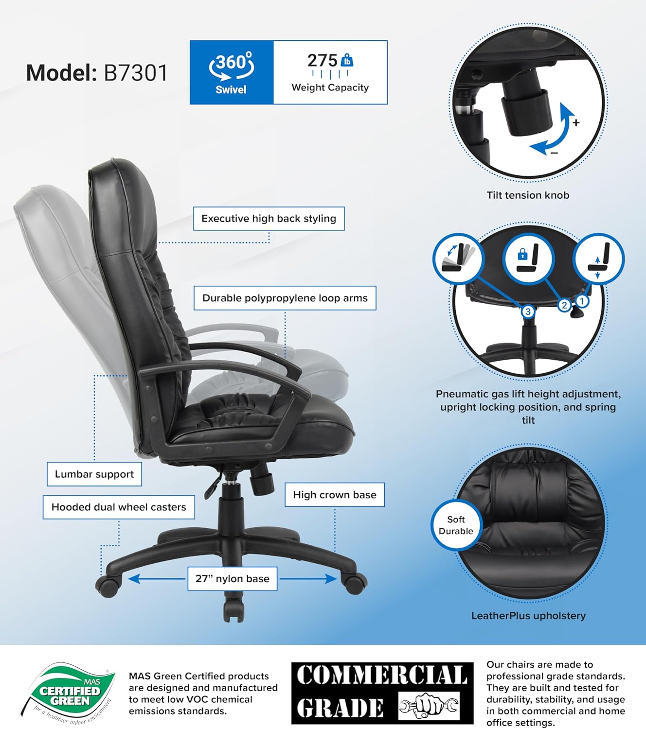 Boss Office Products High Back LeatherPlus Chair in Black