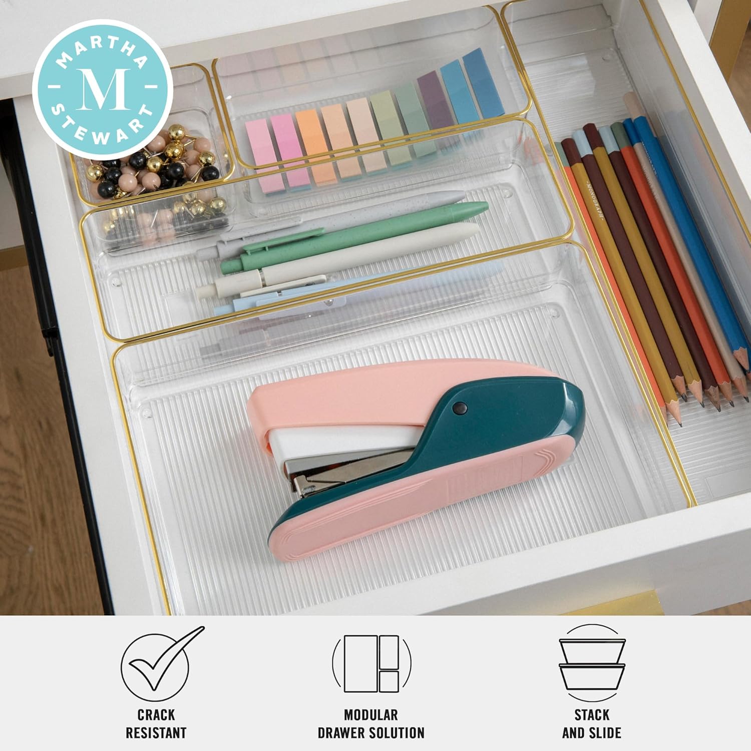 Martha Stewart Plastic Stackable Office Desk Drawer Organizers, Set of 6