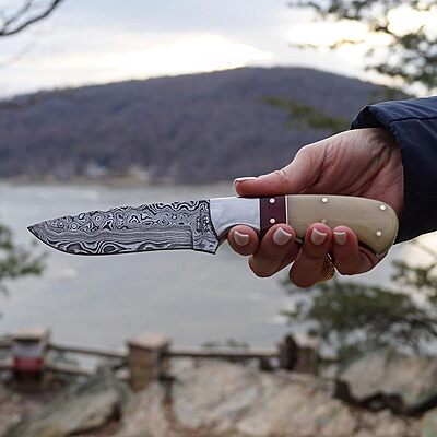 BucknBear Custom Handmade Damascus Fixed Blade Hunting Knife (Micarta & Bone Handle)