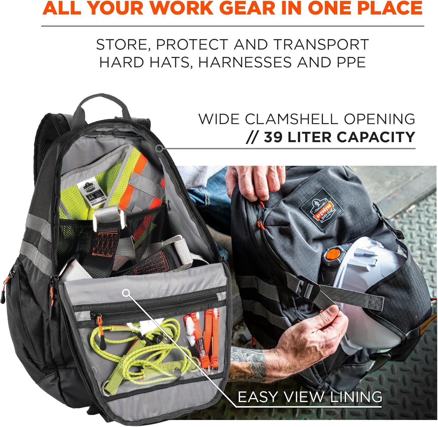 Ergodyne Arsenal 5188 Work Gear Jobsite Backpack with Hard Hat Storage, Padded Shoulder Straps, 39L Capacity,Black, Large