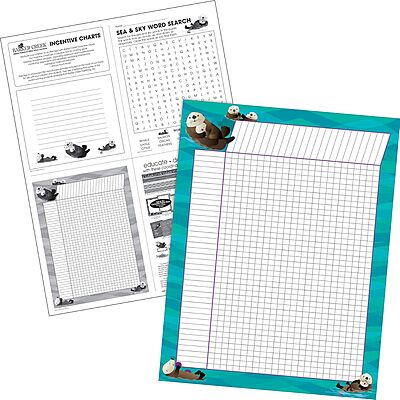 Barker Creek Incentive Chart Set of 4, Sea & Sky, 4 Coordinating Incentive Charts Featuring Orcas, Eagles, Otters, and Salmon, Charts Measure 17" x 22" (500)