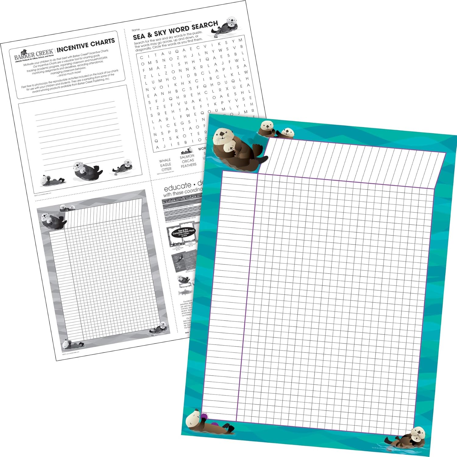 Barker Creek Incentive Chart Set of 4, Sea & Sky, 4 Coordinating Incentive Charts Featuring Orcas, Eagles, Otters