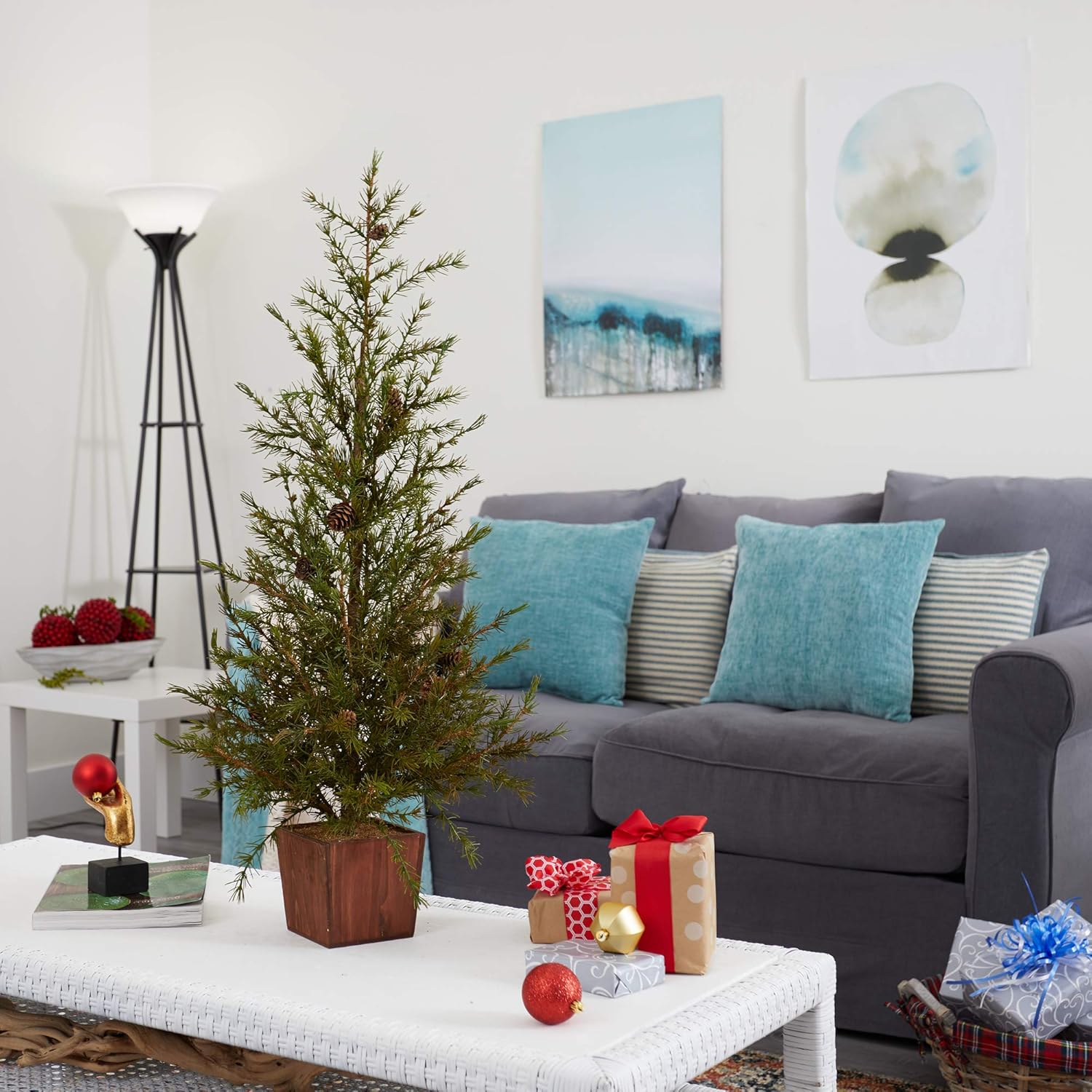 Nearly Natural 3ft. Alpine Natural Look Artificial Christmas Tree in Wood Planter with Pine Cones
