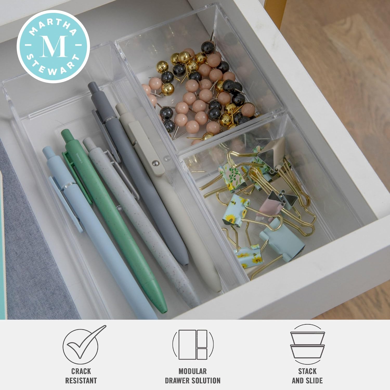 Martha Stewart Brody Stack & Slide Plastic Tray Desktop Organizer, Clear