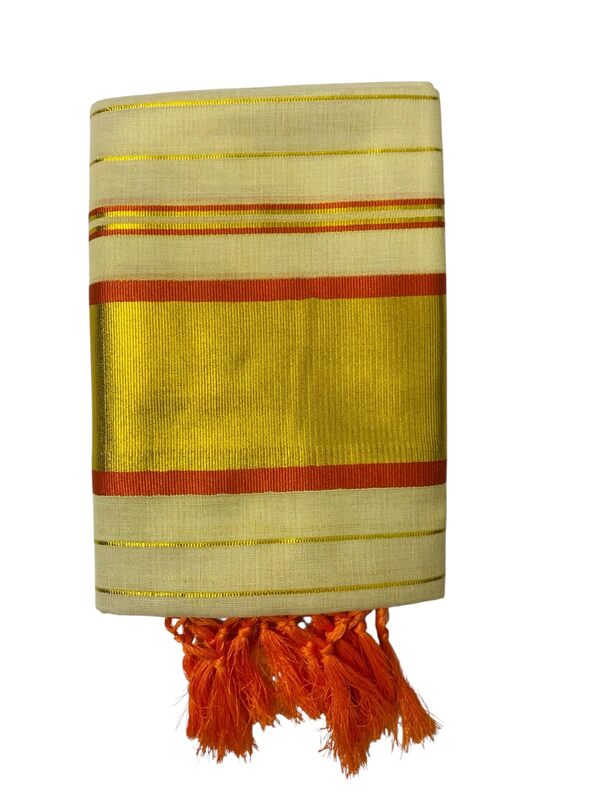 Women's Kuthampully Kerala Kasavu Set mundu Tissue Stripe with Kunjam | Kerala Tissue set mundu onam latest collections | Stripe Kasavu set mundu - Multi Color KTM-911 (Orange)