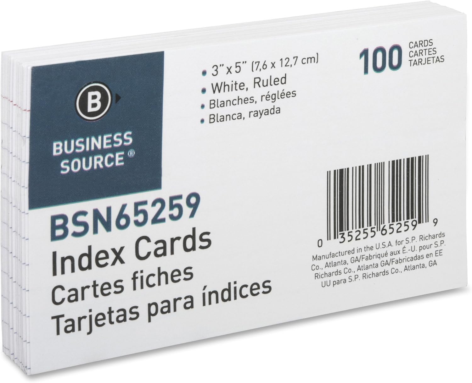 BUSINESS SOURCE Ruled Index Cards, 72 lb, 100/Pack, White