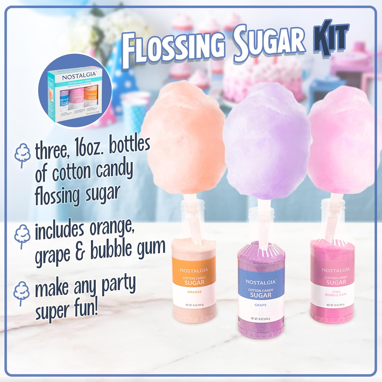 NOSTALGIA Cotton Candy Flossing Sugar Party Kit (3-Pack)