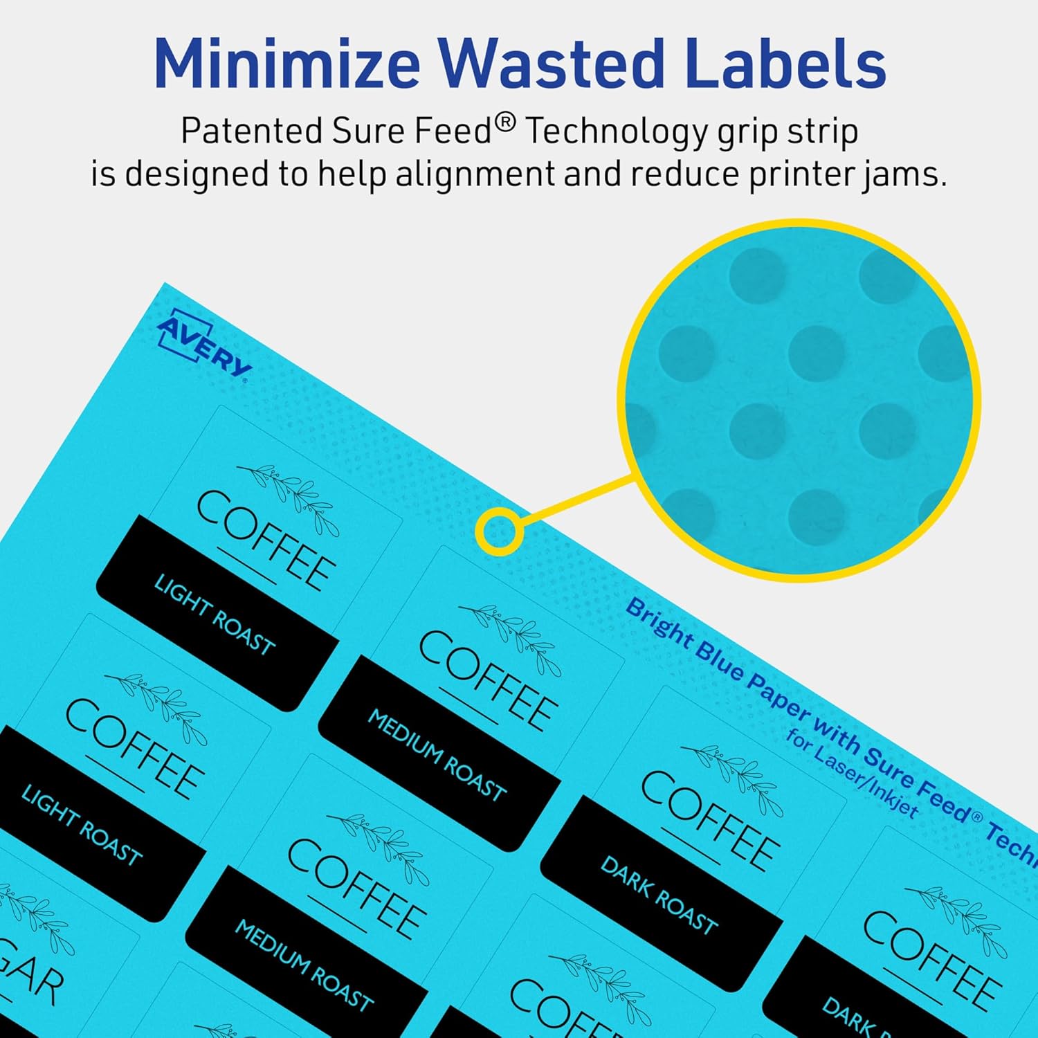 Avery Printable Square Labels, Sure Feed Technology, 1-1/2" x 1-1/2", Bright Blue, Print-to-The-Edge, Laser/Inkjet Printable