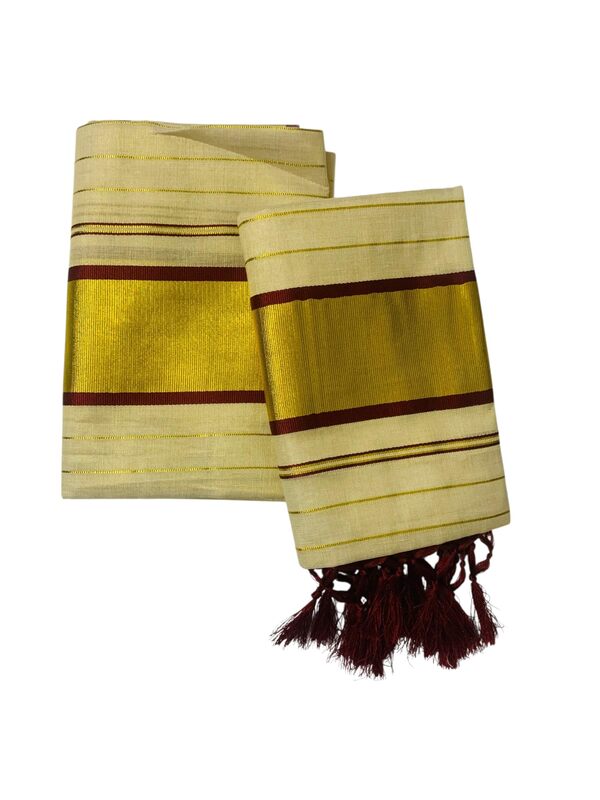 Women's Kuthampully Kerala Kasavu Set mundu Tissue Stripe with Kunjam | Kerala Tissue set mundu onam latest collections | Stripe Kasavu set mundu - Multi Color KTM-911 (Maroon)