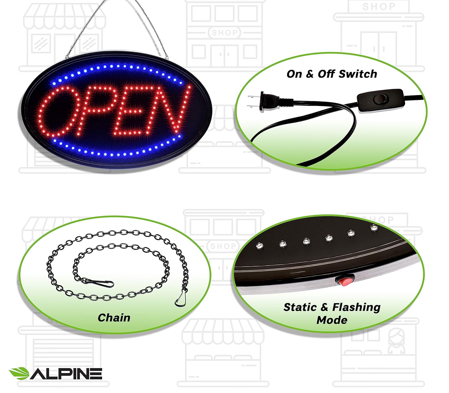 Alpine Led Open Signs for Business Window - Flashing & Stable Bright High Visibility Lighted Open Led Sign