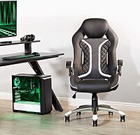 OSP Home Furnishings Xplorer 51 Ergonomic Adjustable High Back Gaming Chair with Lumbar Support and Padded Flip Arms, Black Faux Leather with White Trim
