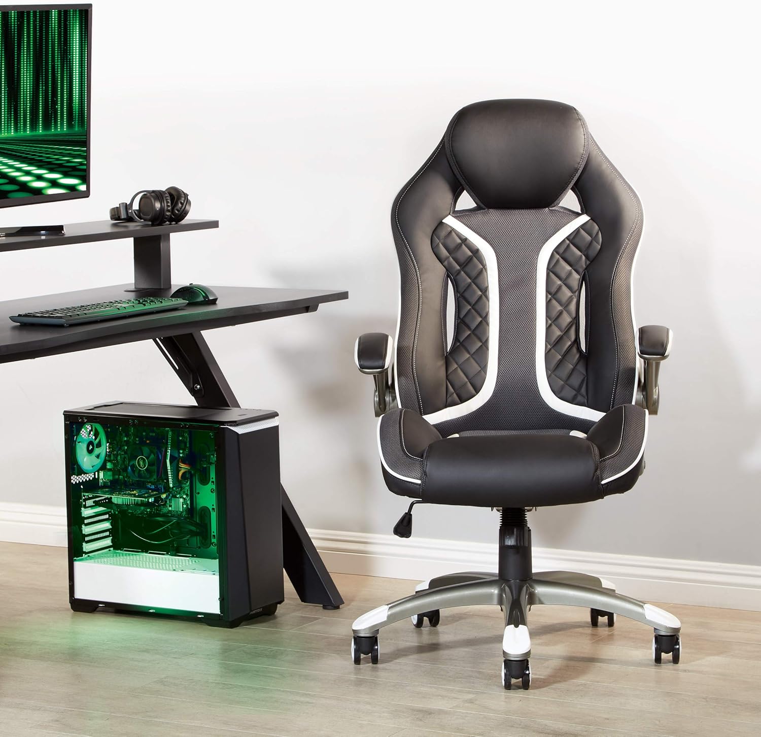 OSP Home Furnishings Xplorer 51 Ergonomic Adjustable High Back Gaming Chair with Lumbar Support and Padded Flip Arms