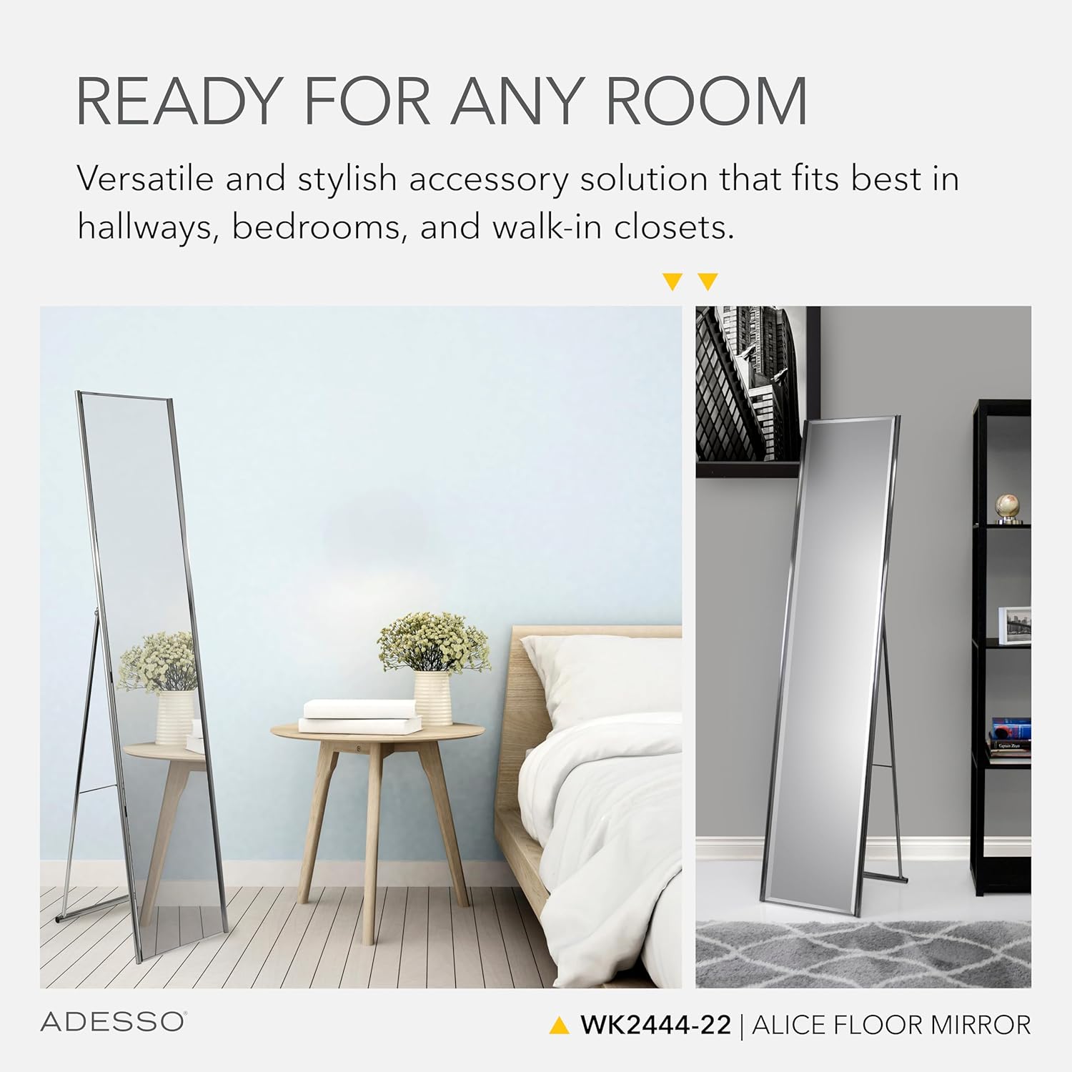 Adesso Alice Floor Mirror, Freestanding, Full Length Mirror with Foldable Kickstand, Lightweight, Brushed Steel Frame