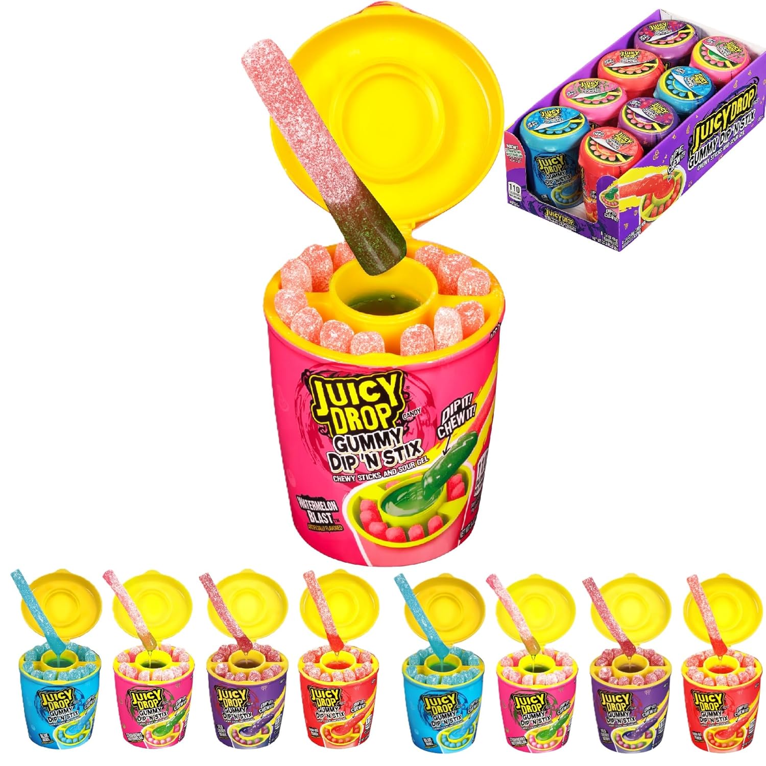 Juicy Drop Gummy Dip 'N Stix Assorted Candy Variety Pack, Sweet Gummy Sticks W/ Sour Dipping Gel, 8 Pack