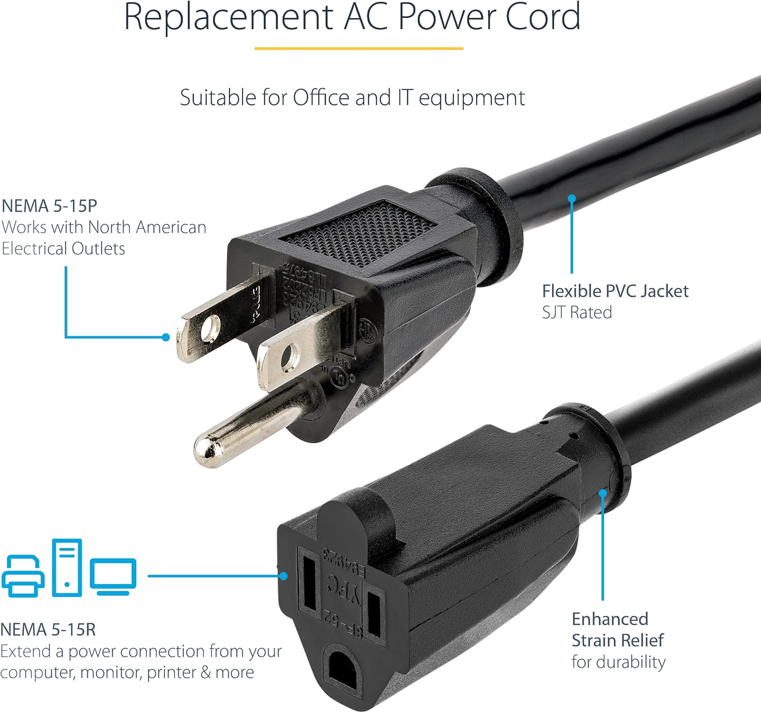 StarTech.com Power Extension Cord NEMA 5-15R to NEMA 5-15P