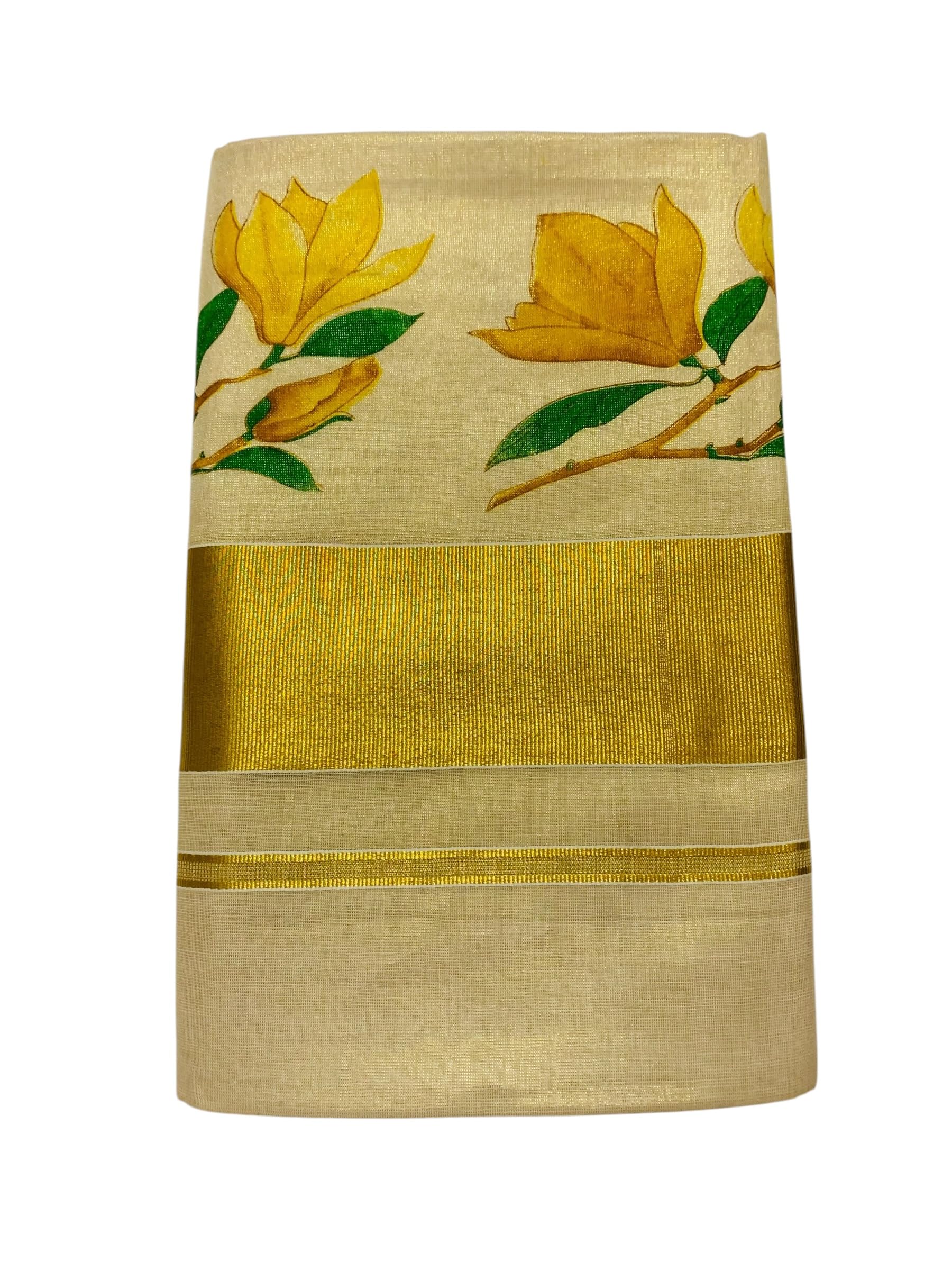 Kuthampully Kerala Kasavu Saree Tissue Mural Painted | Traditional South Indian Saree | Kerala Saree | Onam Saree - Multi Color - KTM-862