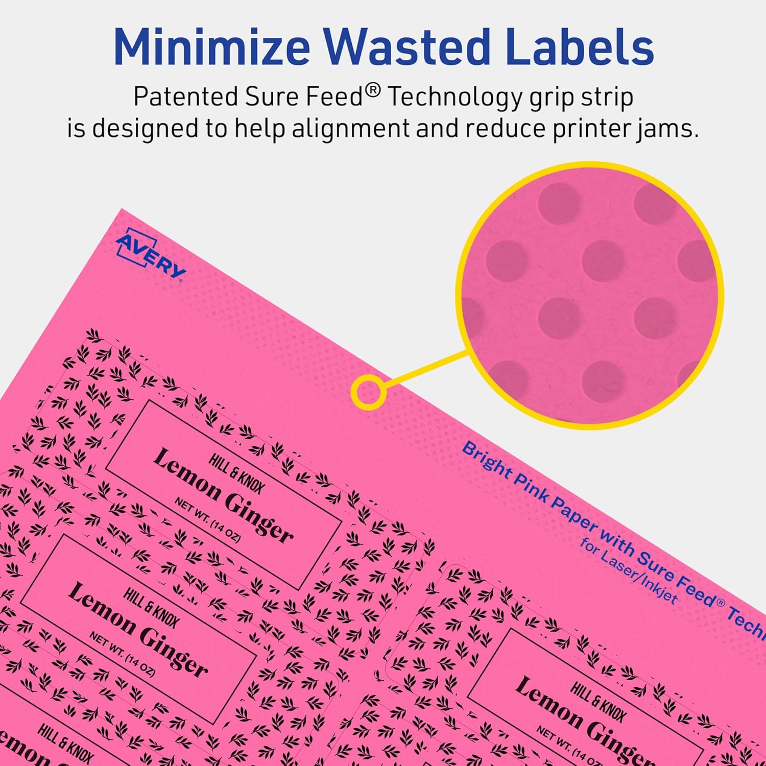 Avery Printable Rectangle Labels, Sure Feed Technology, 1-1/4" x 3-3/4", Bright Pink, Print-to-The-Edge