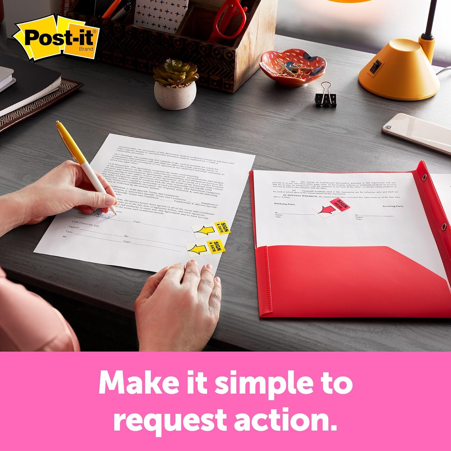 Post-it Flags, Message Flags for Signatures, 1 in Wide, 200/Desk Grip Dispenser