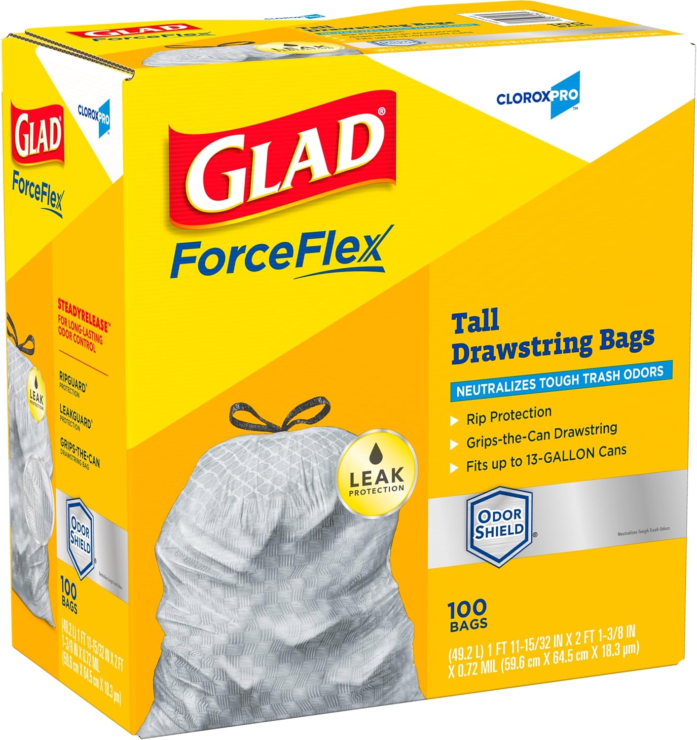 Glad Trash Bags, ForceFlex Tall Kitchen Drawstring Garbage Bags, Clorox 13 Gallon Trash Bags for Tall Trash Can