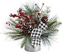 Nearly Natural 12in. Frosted Pinecones and Berries Artificial Arrangement in Vase with Decorative Plaid Bow