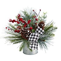 Nearly Natural 12in. Frosted Pinecones and Berries Artificial Arrangement in Vase with Decorative Plaid Bow