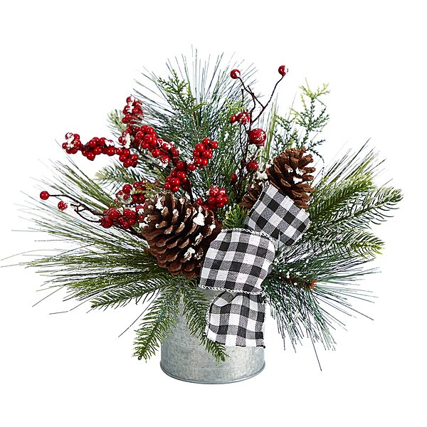 Nearly Natural 12in. Frosted Pinecones and Berries Artificial Arrangement in Vase with Decorative Plaid Bow