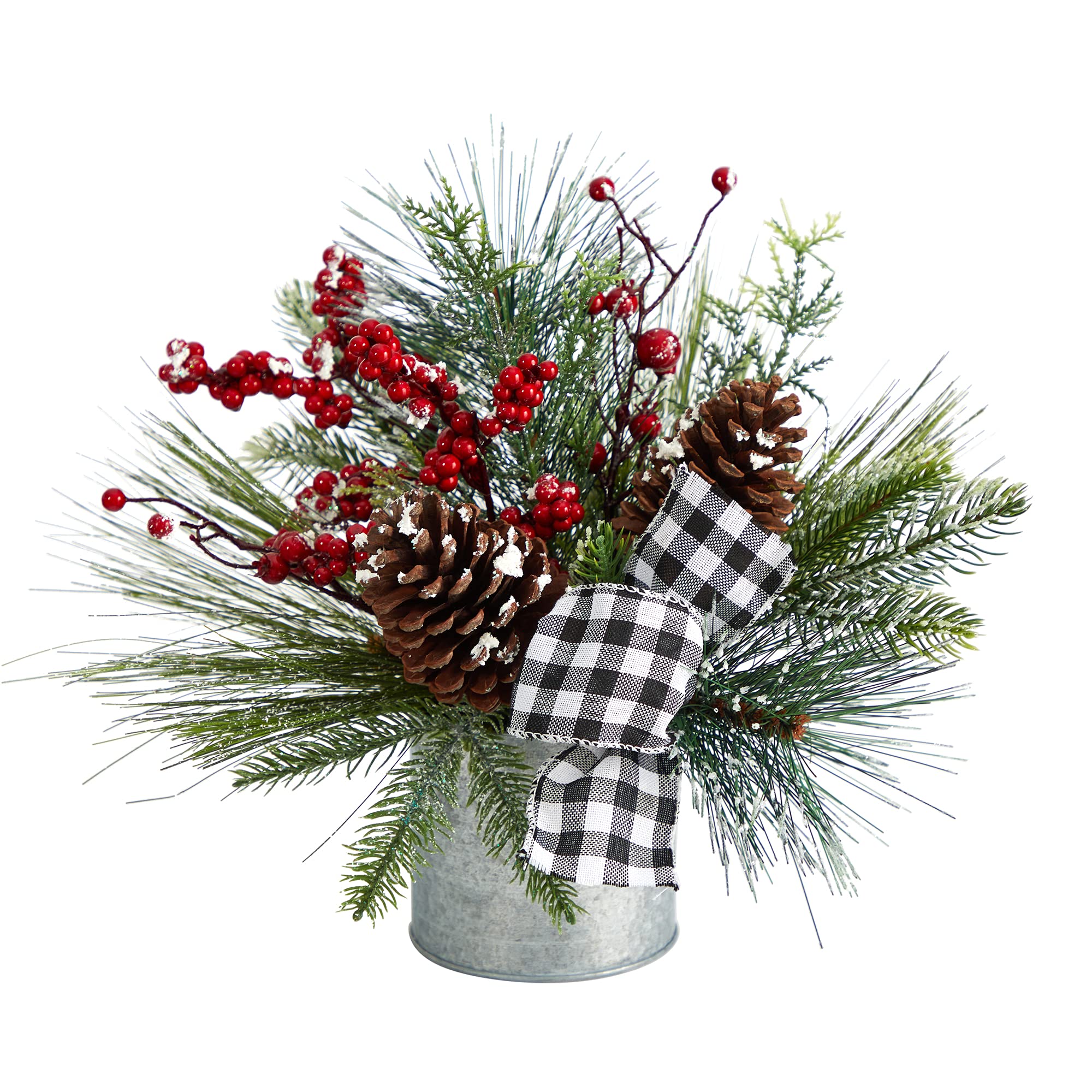 Nearly Natural 12in. Frosted Pinecones and Berries Artificial Arrangement in Vase with Decorative Plaid Bow
