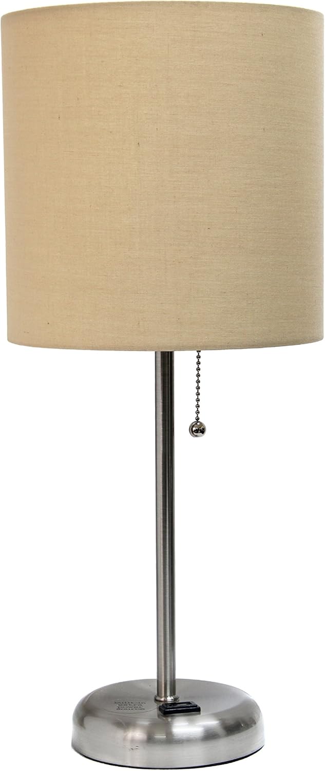 SIMPLE DESIGNS LT2024 Brushed Steel Stick Table Desk Lamp with Charging Outlet and Drum Fabric Shade