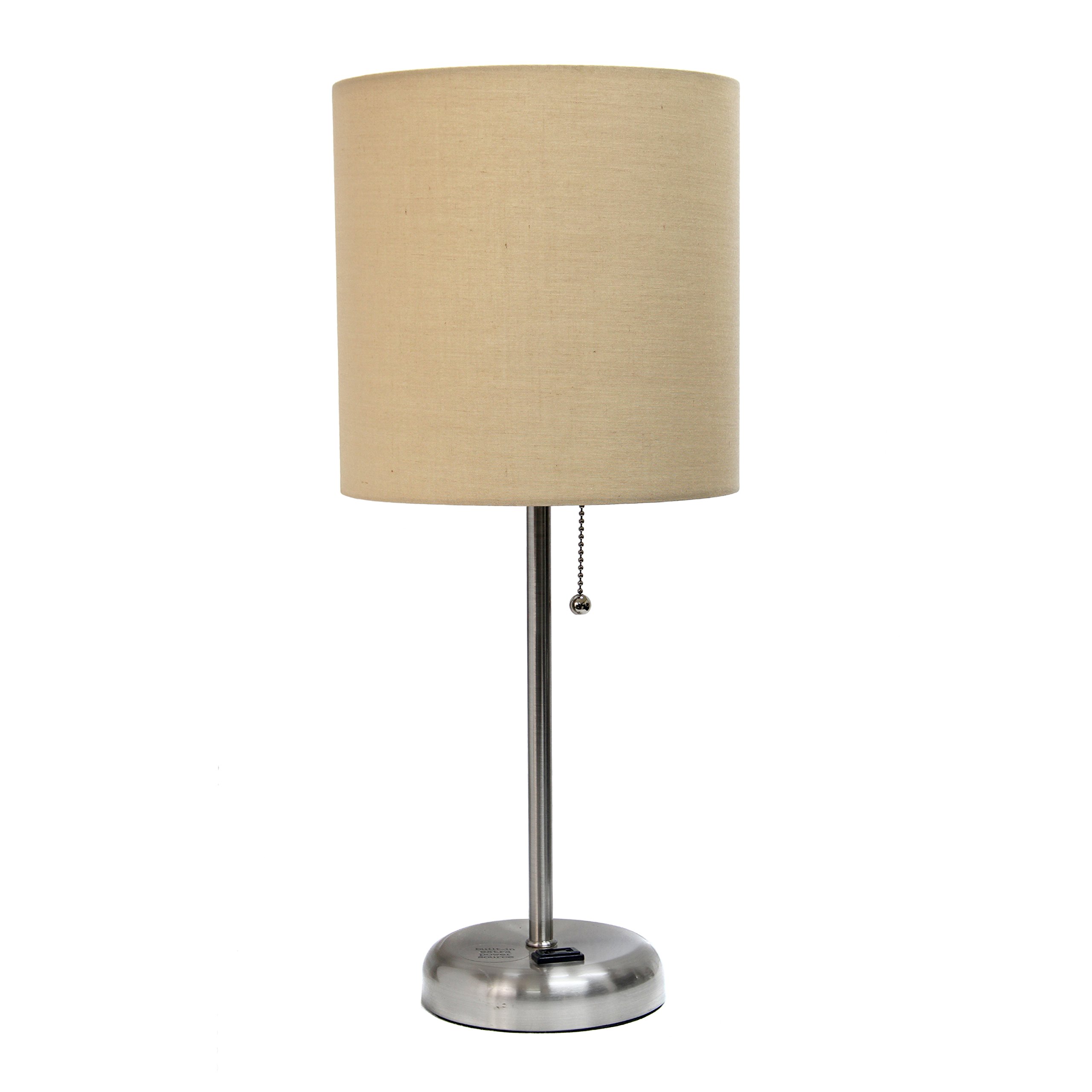 SIMPLE DESIGNS LT2024 Brushed Steel Stick Table Desk Lamp with Charging Outlet and Drum Fabric Shade